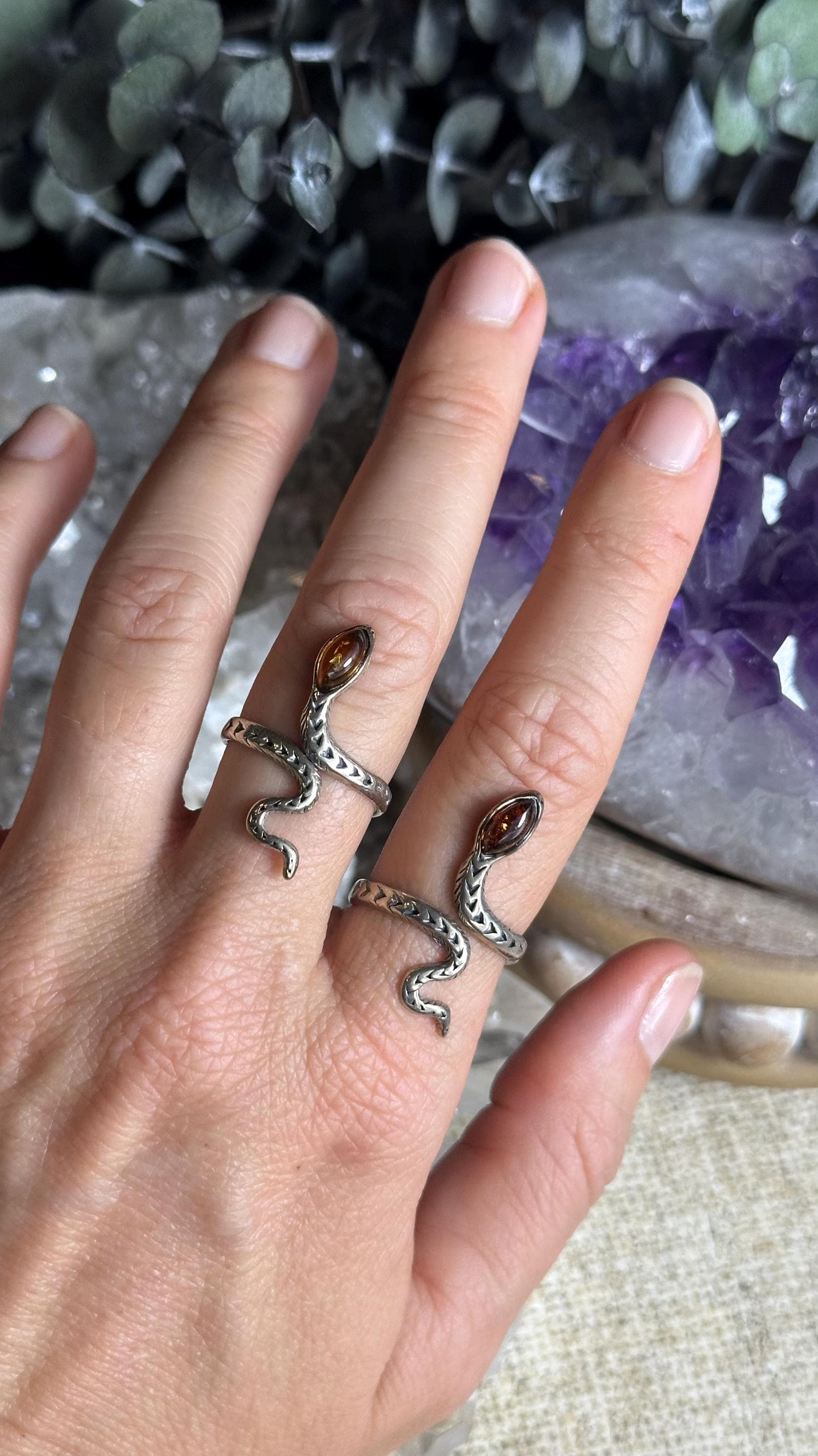Amber Snake Ring: .925 Sterling Silver Adjustable Band