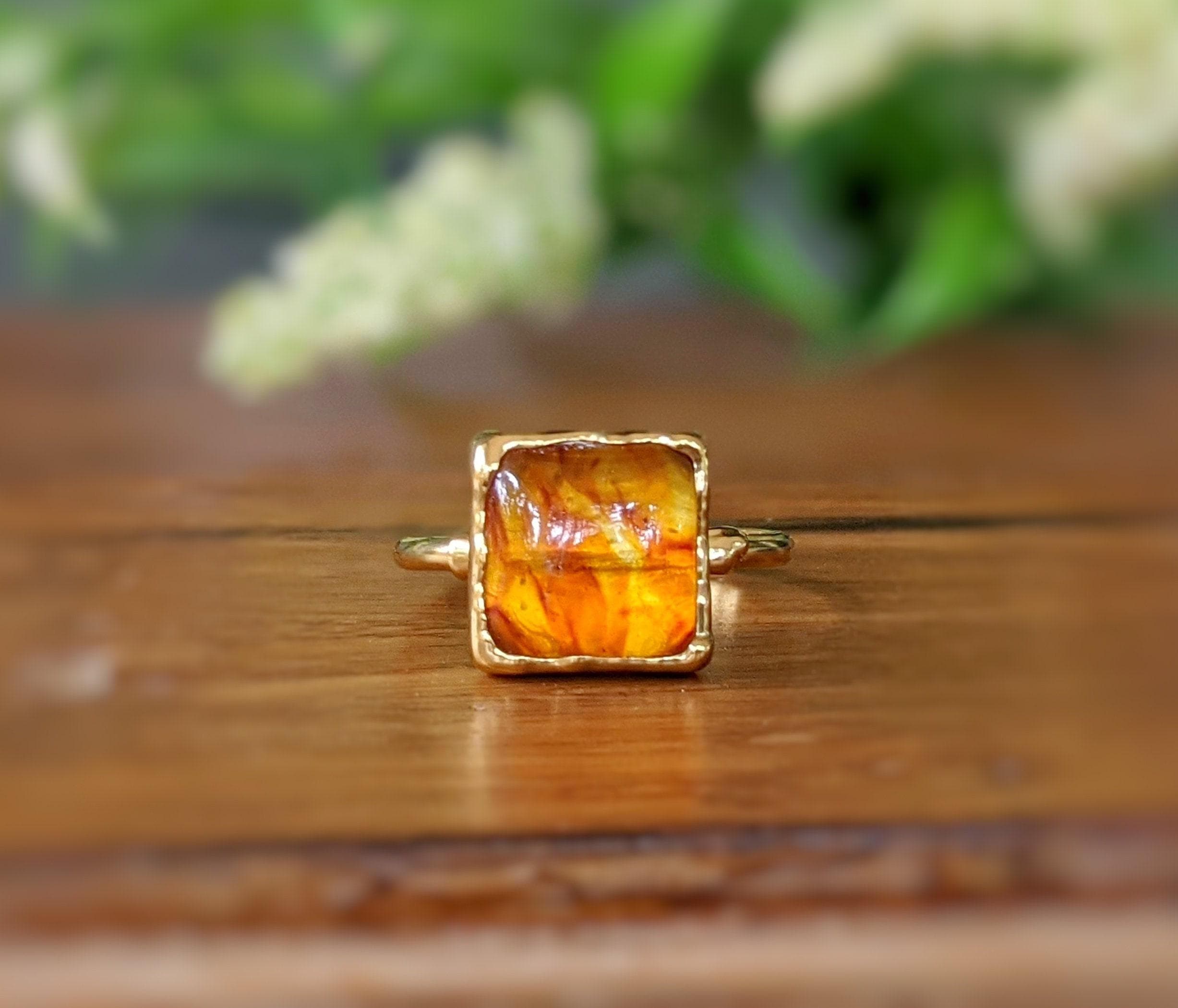 Square Baltic Amber Ring, Gold Cocktail Ring, Amber Jewelry, Natural Stone Ring, Square Boho Ring, Square Statement Ring, Mother's Day Gift