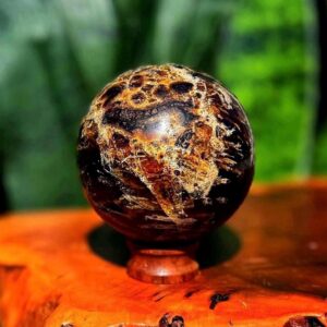 Blue Amber sphere w/ stand - from Indonesia - UV reactive - for ancient wisdom and connection to earth