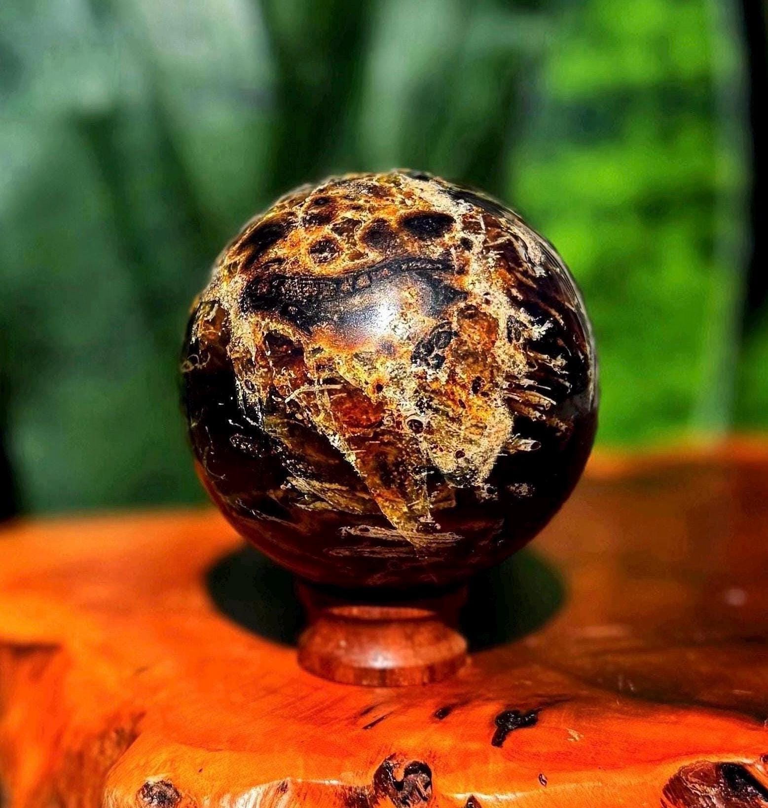 Blue Amber Sphere W/ Stand - From Indonesia - Uv Reactive - For Ancient Wisdom And Connection To Earth