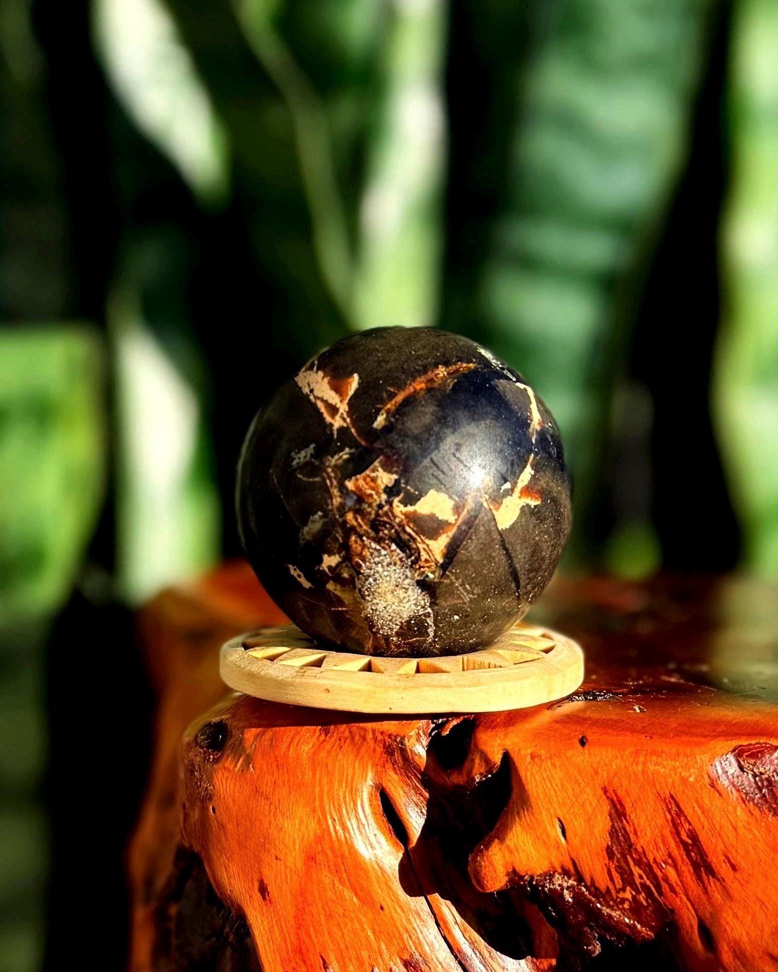 Blue Amber Sphere W/ Stand - From Indonesia - Uv Reactive - For Ancient Wisdom And Connection To Earth - Fossilized Wood