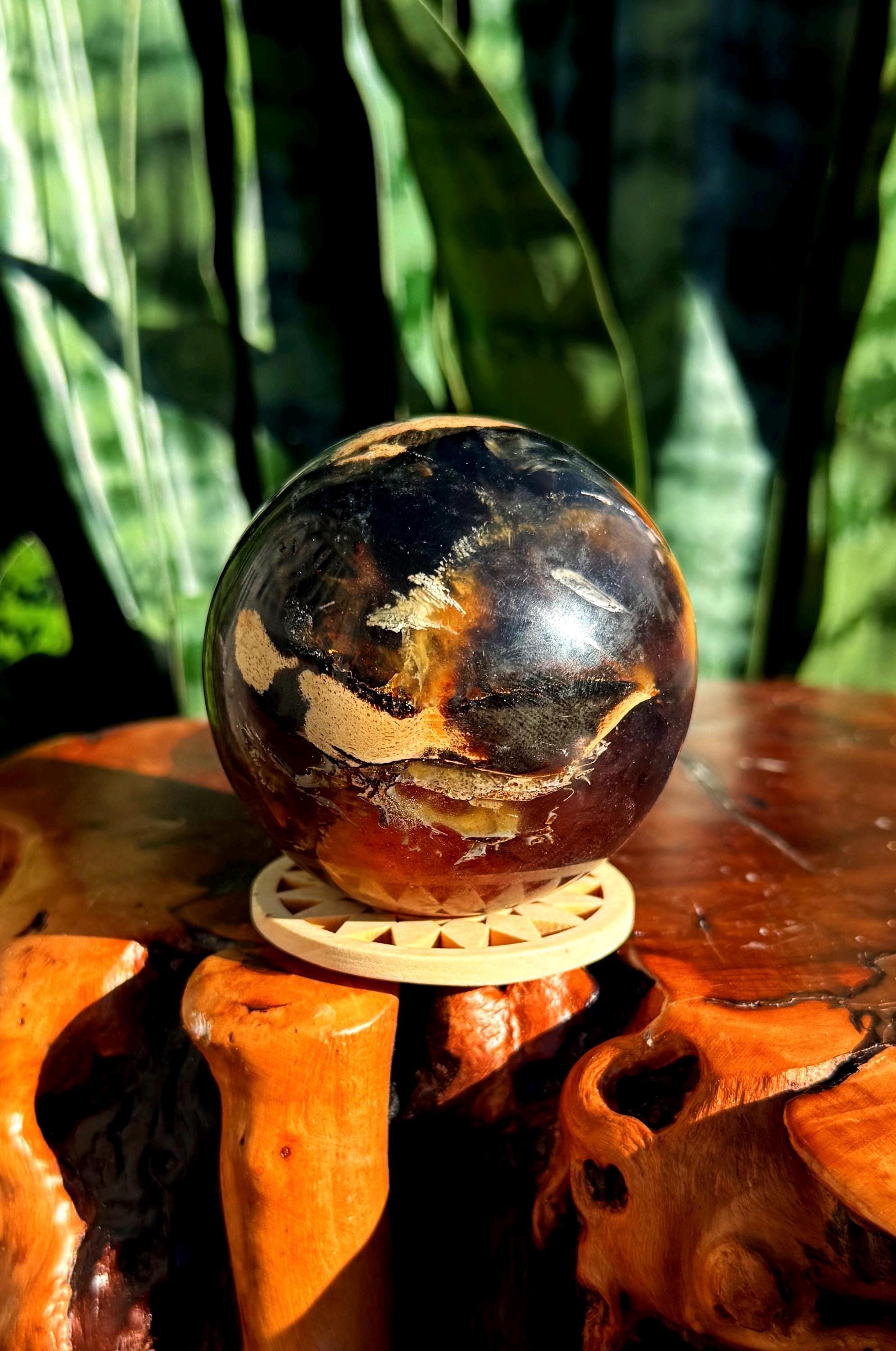 Blue Amber Sphere W/ Stand - From Indonesia - Uv Reactive - For Ancient Wisdom And Connection To Earth
