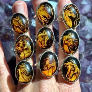 Hand Carved Amber Horse Ring: .925 Sterling Silver Adjustable Band