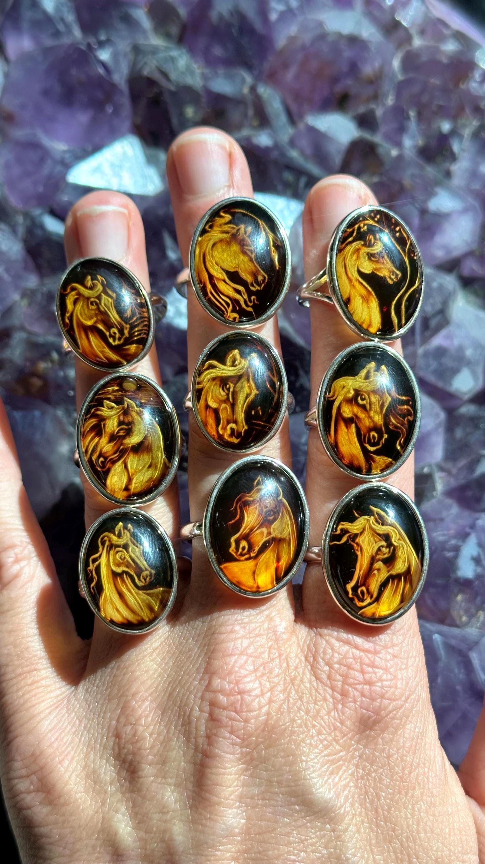 Hand Carved Amber Horse Ring: .925 Sterling Silver Adjustable Band
