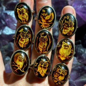 Hand Carved Amber Owl Ring: .925 Sterling Silver Adjustable Band