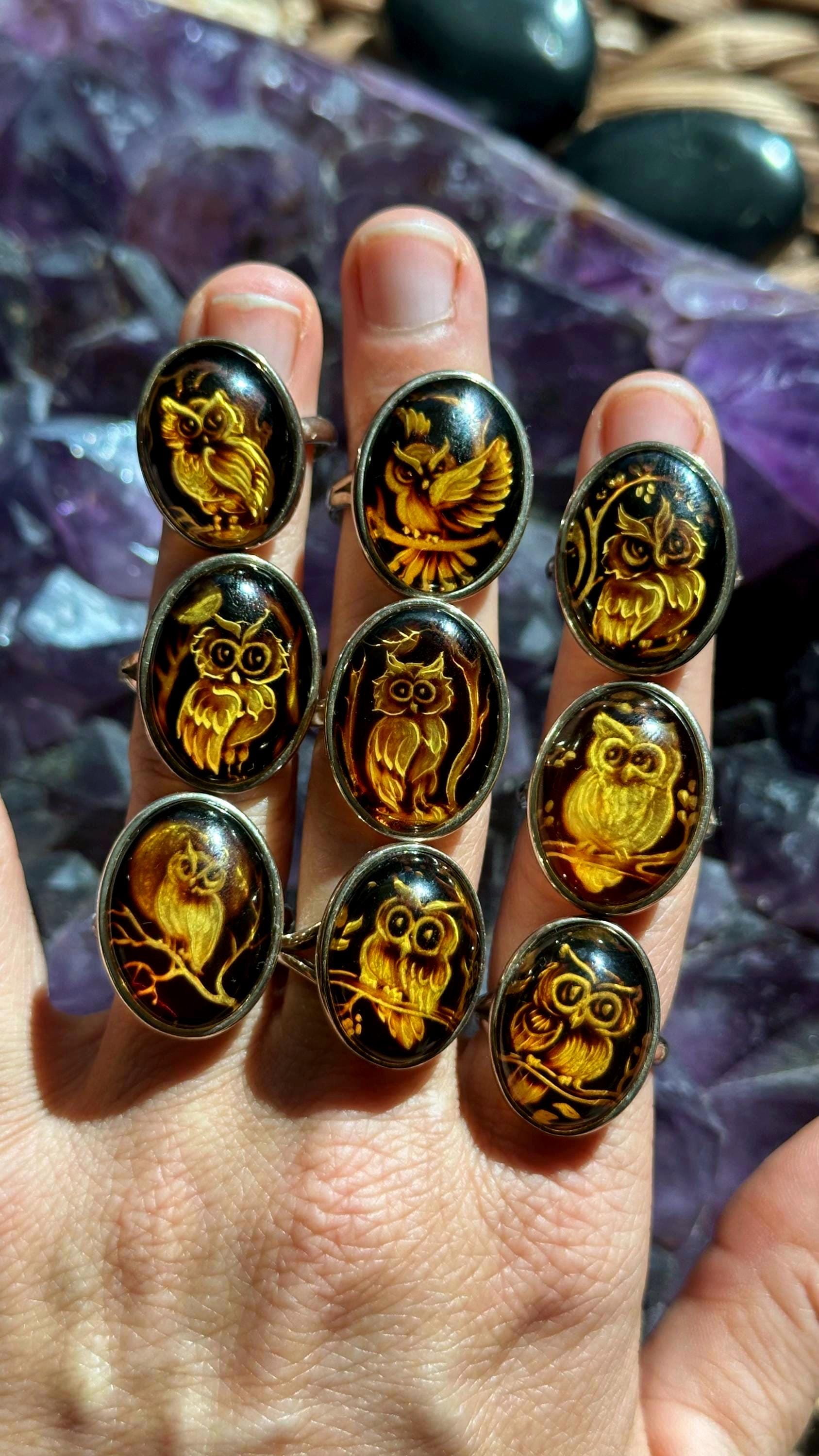 Hand Carved Amber Owl Ring: .925 Sterling Silver Adjustable Band