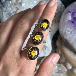 Hand Carved Amber Rose Ring: .925 Sterling Silver Adjustable Band