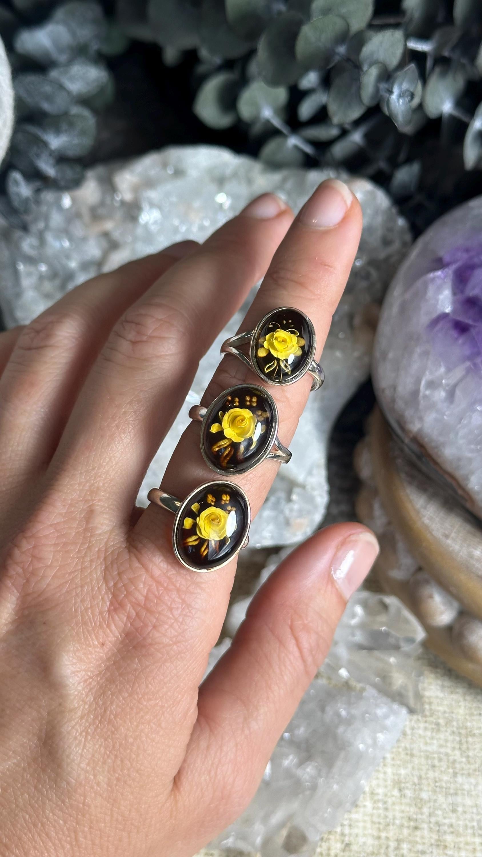 Hand Carved Amber Rose Ring: .925 Sterling Silver Adjustable Band
