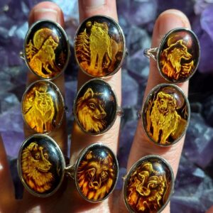 Hand Carved Amber Wolf Ring: .925 Sterling Silver Adjustable Band