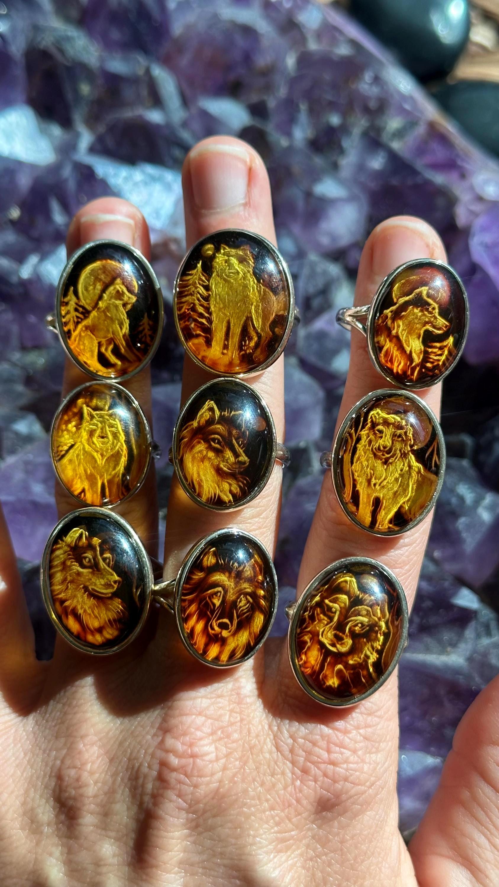 Hand Carved Amber Wolf Ring: .925 Sterling Silver Adjustable Band
