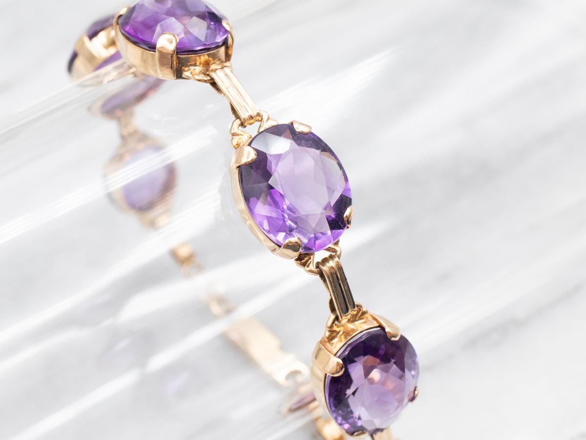 14k Yellow Gold Amethyst Bracelet, Oval Cut Gemstones 14k Yellow Gold Amethyst Bracelet, Oval Cut Gemstones