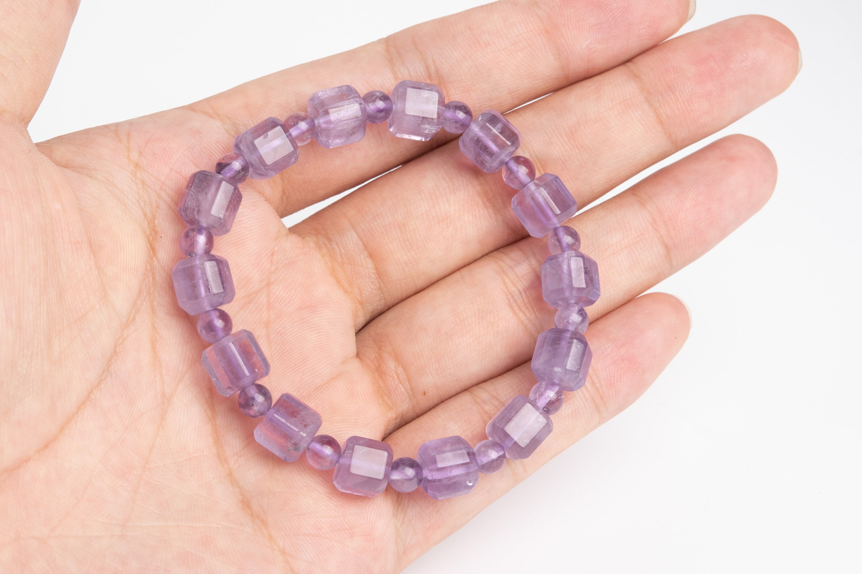8mm Lavender Amethyst Beads Transparent Purple Bracelet Grade Aa Genuine Natural Beveled Edge Faceted Cube Gemstone 6.5" (121824h-3073)