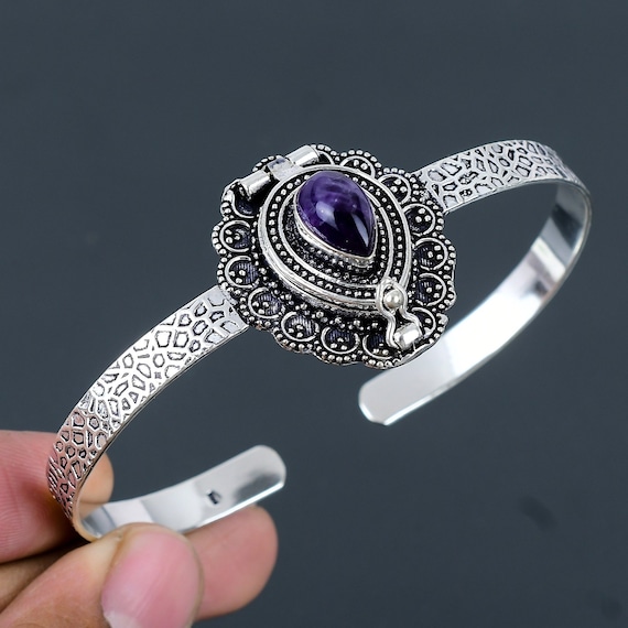 African Amethyst Cuff Bracelet, 925 Sterling Silver Vintage Bangle