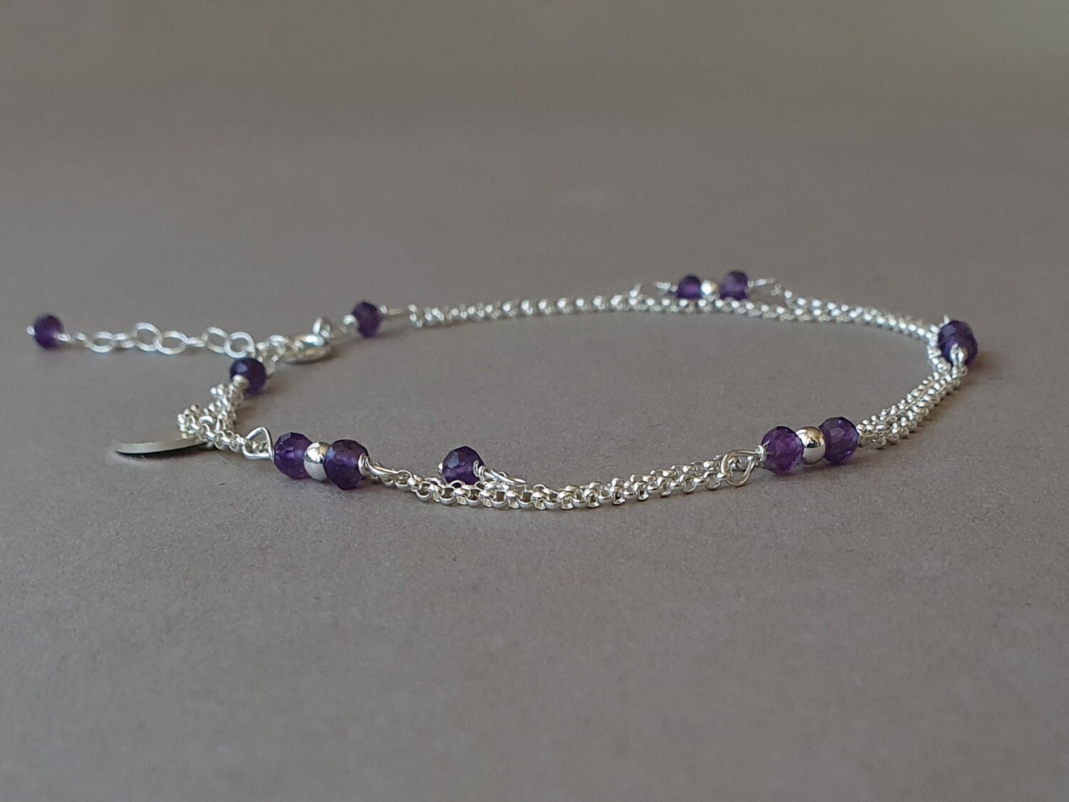 Amethyst Ankle Bracelet: Sterling Silver Layered Chain Anklet