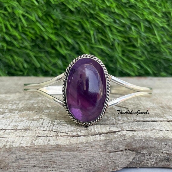 Amethyst Bangle: 925 Sterling Silver, Bohemian Oval Cabochon