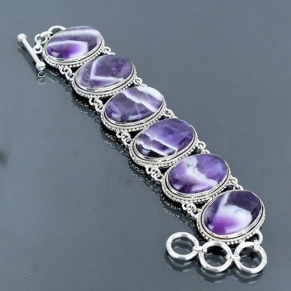 Chevron Amethyst Bracelet: Handmade 925 Sterling Silver Adjustable Gemstone Jewelry