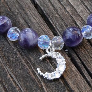 Chevron Amethyst Bracelet: Sterling Silver Crescent Moon, Rainbow Aura Beads