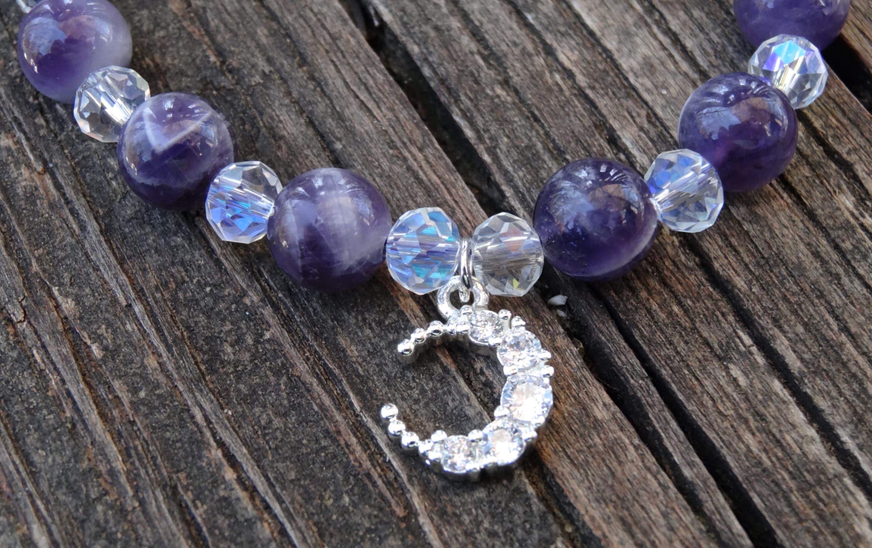 Chevron Amethyst Bracelet: Sterling Silver Crescent Moon, Rainbow Aura Beads