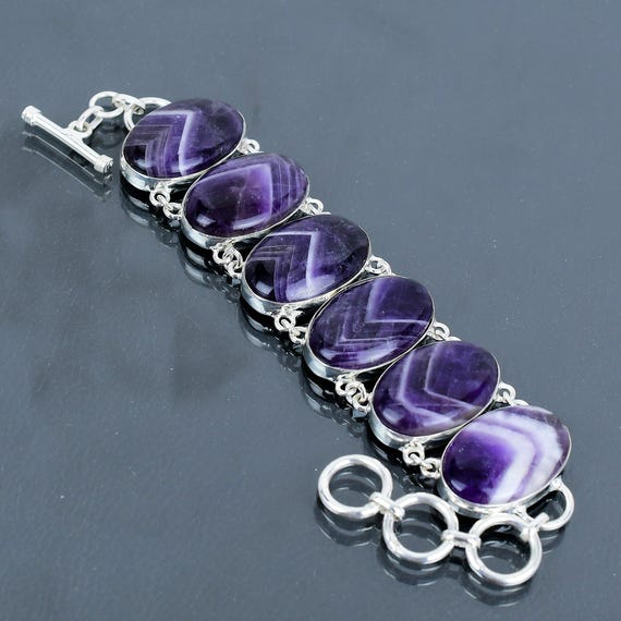 Chevron Amethyst Sterling Silver Bracelet: Adjustable Gemstone Jewelry