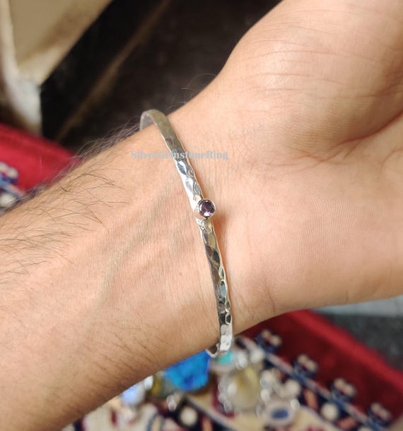 Hammered Amethyst Sterling Silver Bangle - Handmade Boho Jewelry
