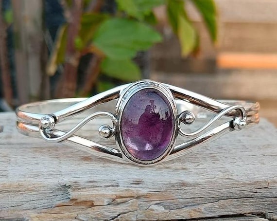 Handmade Amethyst Bangle: 925 Sterling Silver Adjustable Bracelet
