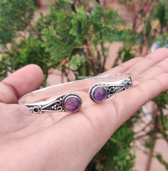 Handmade Amethyst Bangle: Adjustable Jewelry, 925 Sterling Silver Designer Bangle
