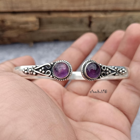 Handmade Amethyst Cuff Bangle: Sterling Silver Gemstone Jewelry