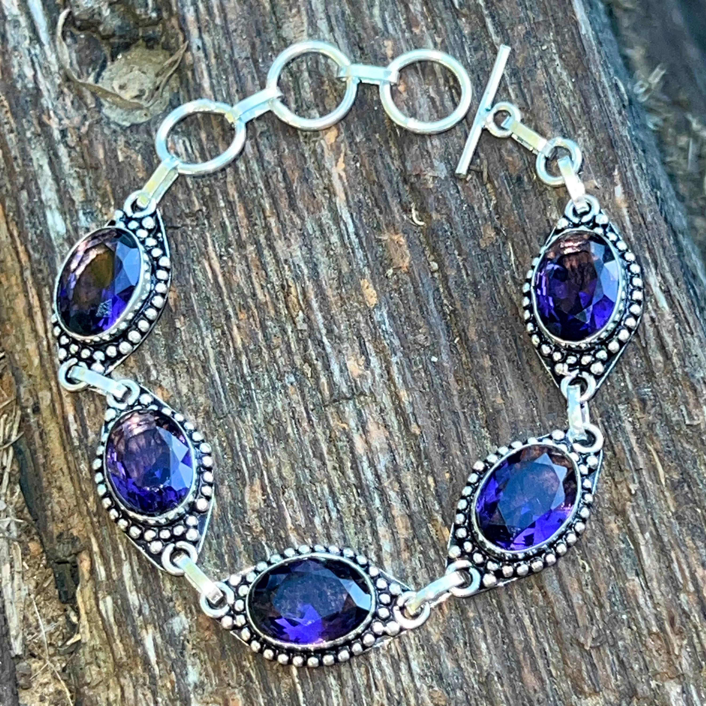 Handmade Sterling Silver Purple Amethyst Bracelet – Natural Gemstone Toggle Clasp
