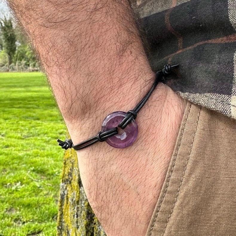 Mans Amethyst Bracelet, Adjustable Leather Friendship Chakra Bracelet , Cotton, Crystal Or Anniversary Gift For Them