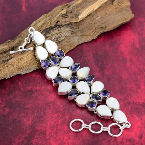 Mother Of Pearl Bracelet 925 Sterling Silver Bracelet Handmade Adjustable Chain Bracelet Amethyst Gemstone Bracelet Gifts For Best Friend