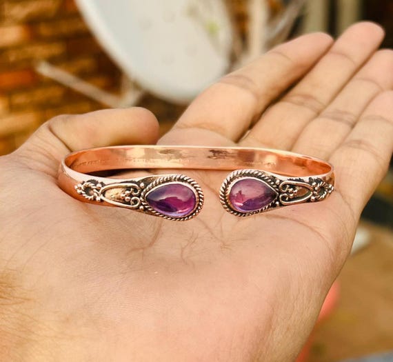 Amethyst Pure Copper Bangle, Handmade Bangle, Adjustable Jewelry, Women Item