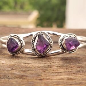 Raw Amethyst Bangle: Handmade 925 Sterling Silver Adjustable Cuff