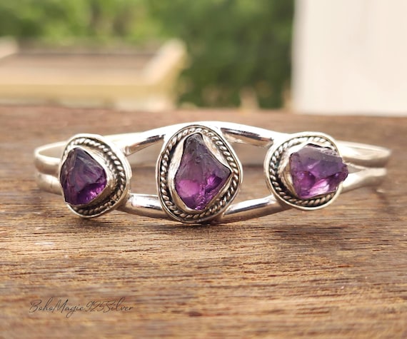 Raw Amethyst Bangle: Handmade 925 Sterling Silver Adjustable Cuff