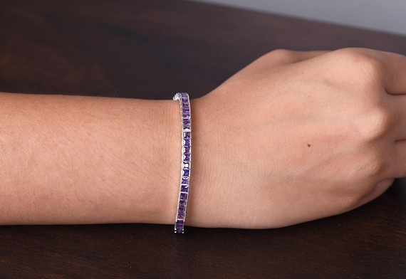 Square Amethyst Sterling Silver Bracelet: Dainty Bridal Jewelry, Anniversary Gift