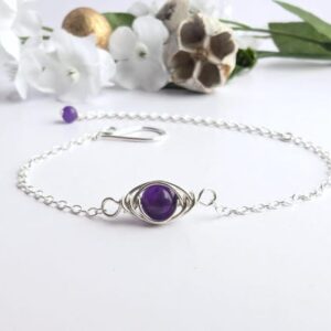 Amethyst Sterling Silver Dainty Wire Wrapped Stacking Birthstone Bracelet, February Birthstone