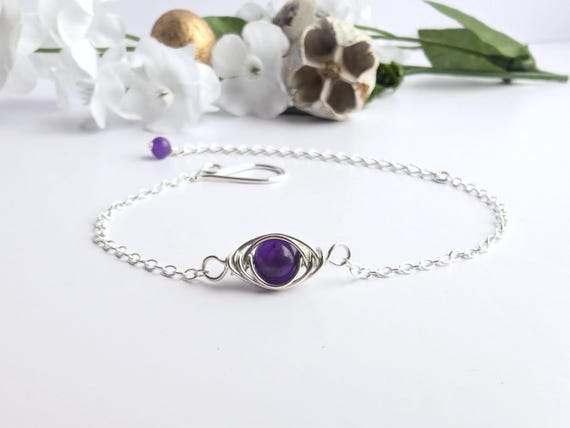 Amethyst Sterling Silver Dainty Wire Wrapped Stacking Birthstone Bracelet, February Birthstone