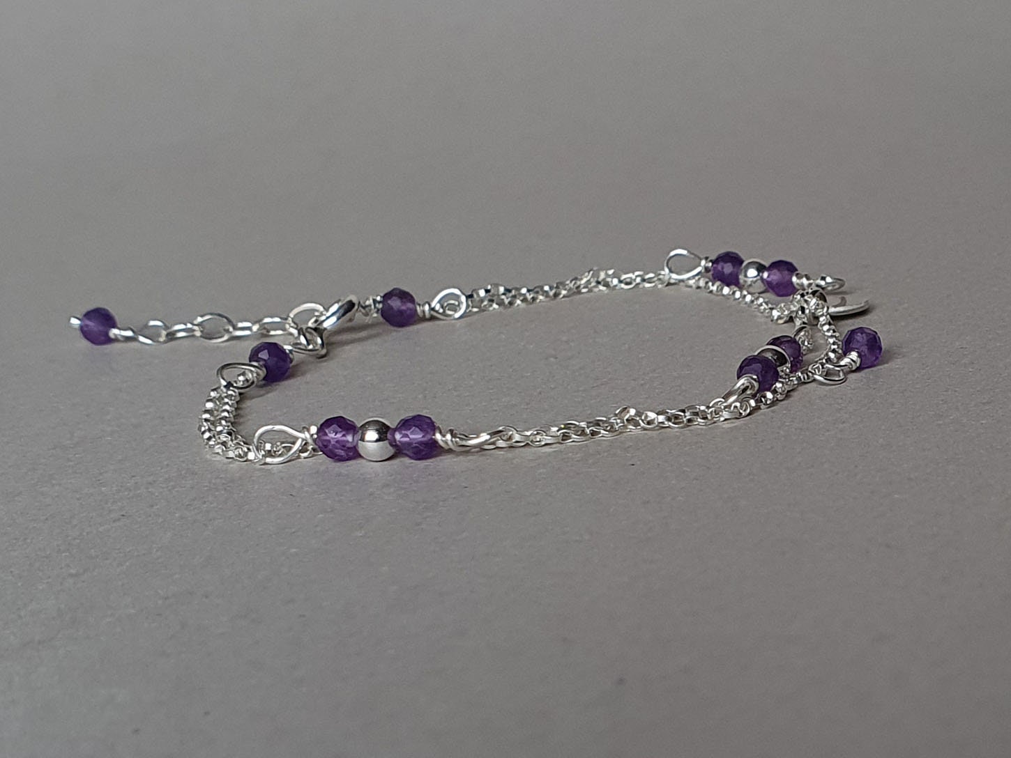 Sterling Silver Amethyst Bracelet: Minimalist Double Chain, February Birthstone
