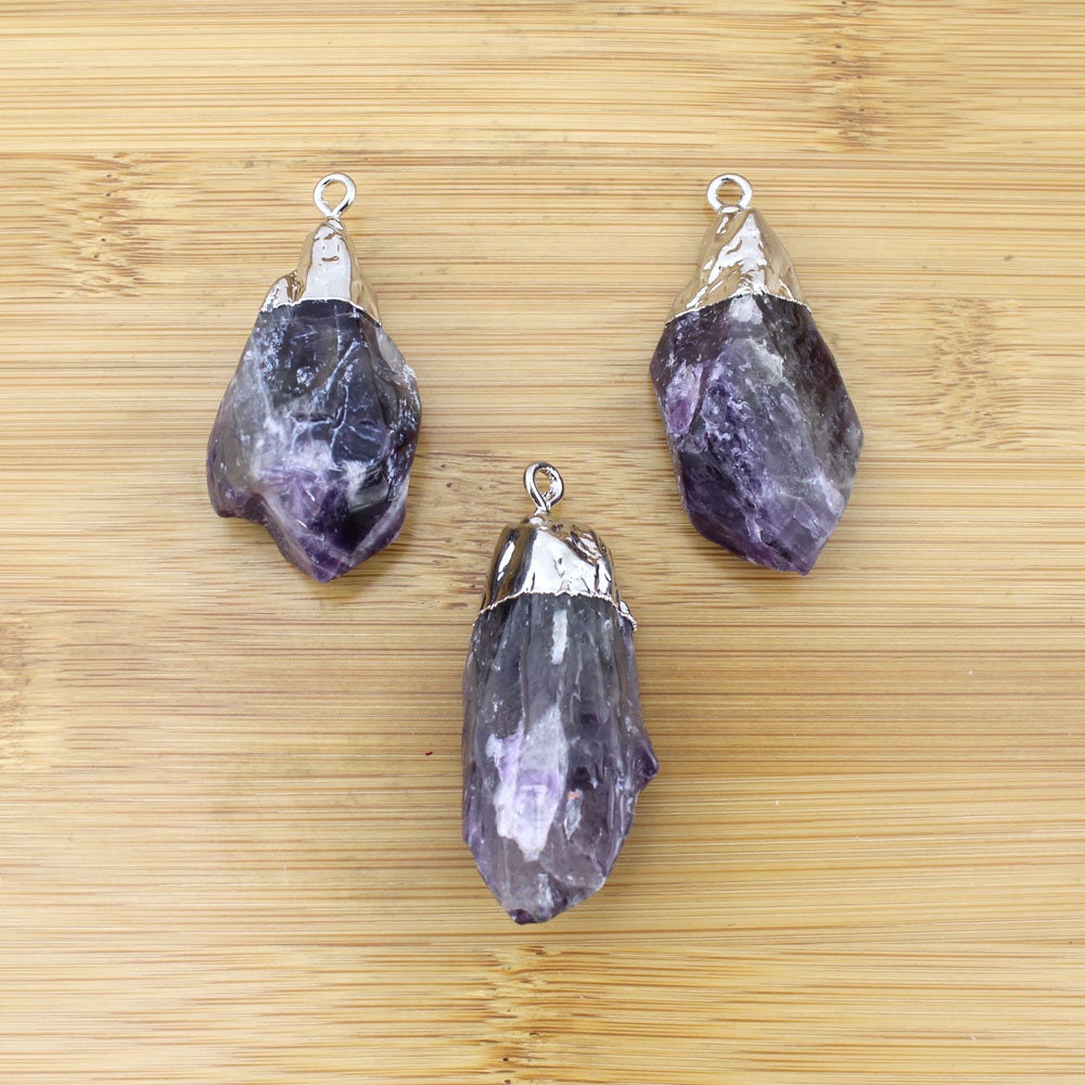 13-17mmx32-39mm Large Freeform Amethyst Nugget Point Pendant, Silver Electroplated Edges, Raw Natural Amethyst Healing Crystal Charm---tr106