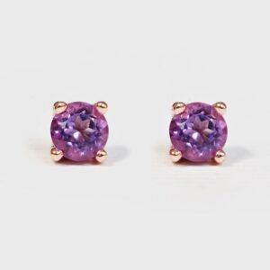 14k Gold Amethyst Stud Earrings, Purple Gemstone Round Studs, February Birthstone Earrings, Dainty Solid Gold Amethyst Jewelry