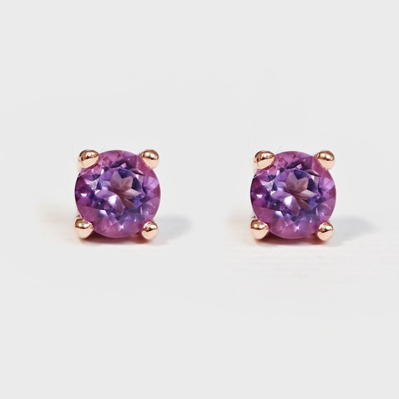 14k Gold Amethyst Stud Earrings, Purple Gemstone Round Studs, February Birthstone Earrings, Dainty Solid Gold Amethyst Jewelry
