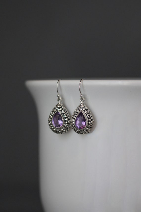 Amethyst Earrings - Bali Silver Earrings - Silver Filigree Earrings - Purple Gem Earrings - Purple And Silver Earrings - February Birthstone Amethyst Earrings - Bali Silver Earrings - Silver Filigree Earrings - Purple Gem Earrings - Purple And Silver Earrings - February Birthstone