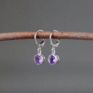 Amethyst Earrings - Amethyst Bezel Earrings - Silver Leverback Earrings - Purple Gemstone Earrings - Gemstone Dangles - Small Earrings