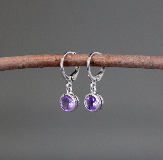 Amethyst Earrings - Amethyst Bezel Earrings - Silver Leverback Earrings - Purple Gemstone Earrings - Gemstone Dangles - Small Earrings