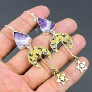 Chevron Amethyst Star and Moon Earrings, 925 Sterling Silver Dangle Earrings