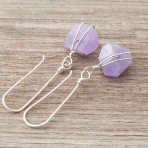 Amethyst Crystal Earrings, Sterling Silver Wire Wrapped Natural Stone, Long Handmade 925 Silver Ear Wires, Purple Gemstone Nugget