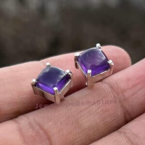 Cushion Amethyst Earrings: 925 Sterling Silver Cabochon Jewelry