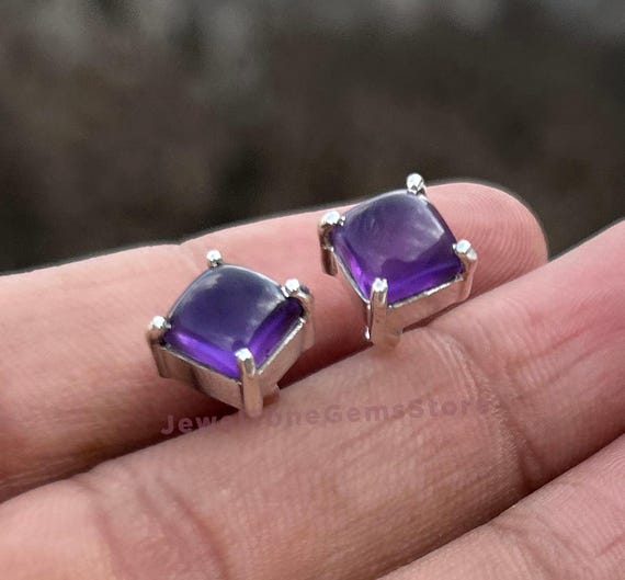 Cushion Amethyst Earrings: 925 Sterling Silver Cabochon Jewelry Cushion Amethyst Earrings: 925 Sterling Silver Cabochon Jewelry