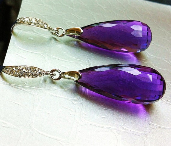 Amethyst Dangle Earrings: Sterling Silver Pave, February Birthstone