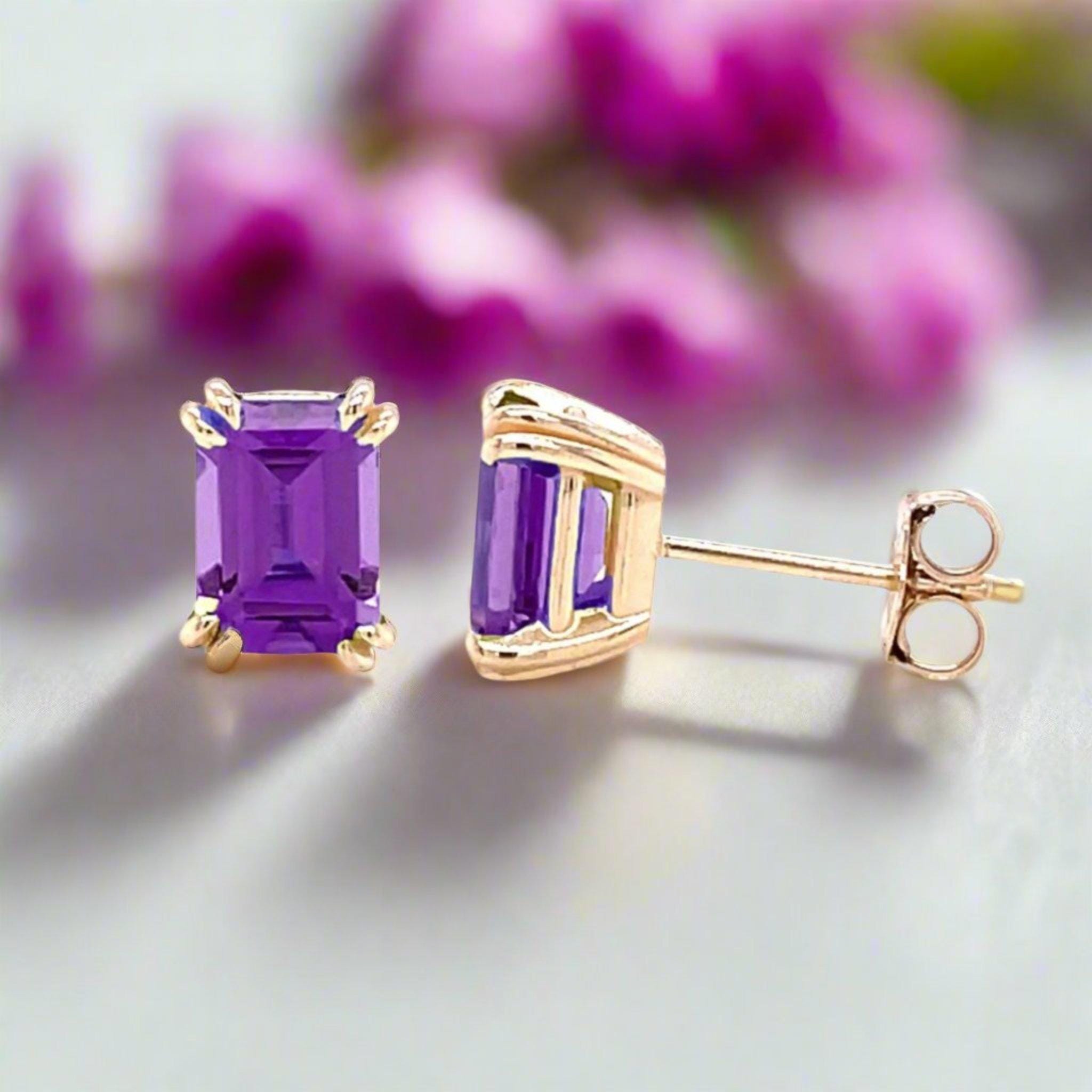 Emerald Cut Amethyst Earrings In 14k Gold | Natural Amethyst Studs | February Birthstone Earrings Emerald Cut Amethyst Earrings In 14k Gold | Natural Amethyst Studs | February Birthstone Earrings