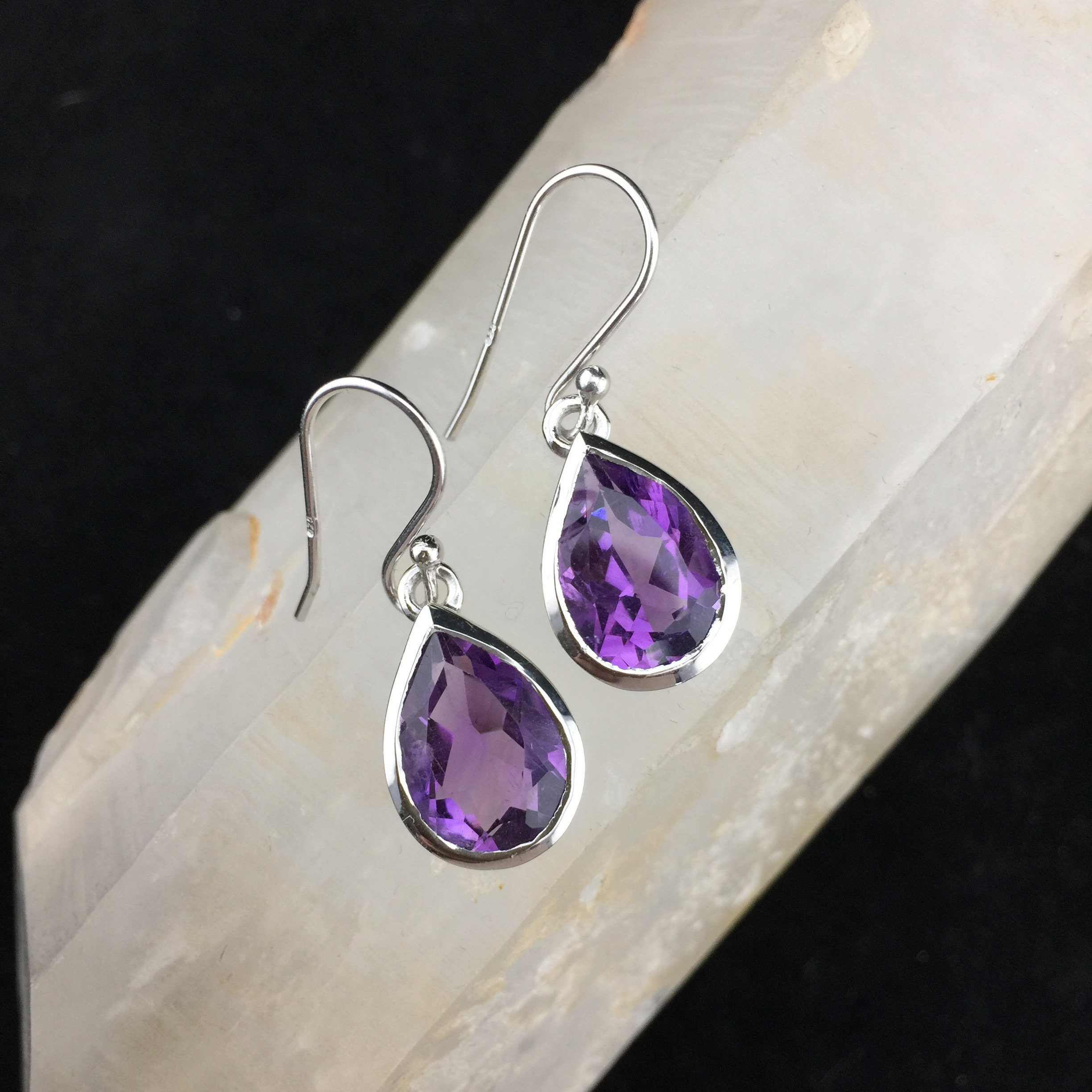 Amethyst Faceted Teardrop Sterling Silver Dangle Earrings (2-2)